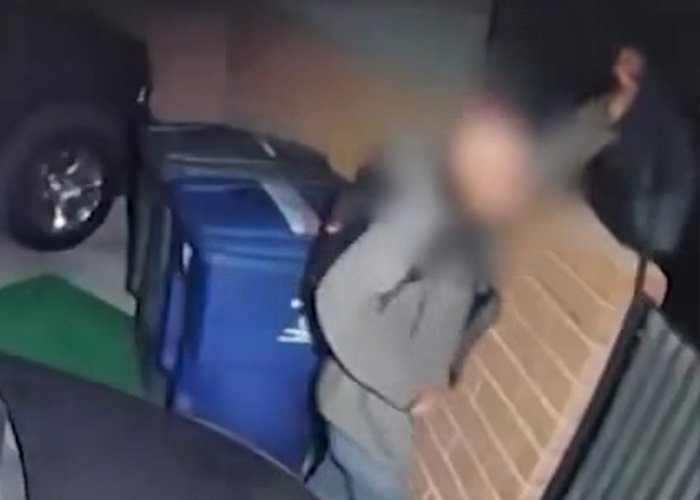 Blurred individual captured near recycling bins and a car, related to expert insights on Nancy Guthrie&rsquo;s kidnapper motives.