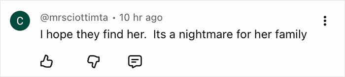 Comment by user @mrsciottimta expressing hope Nancy Guthrie is found and mentioning the nightmare for her family.
