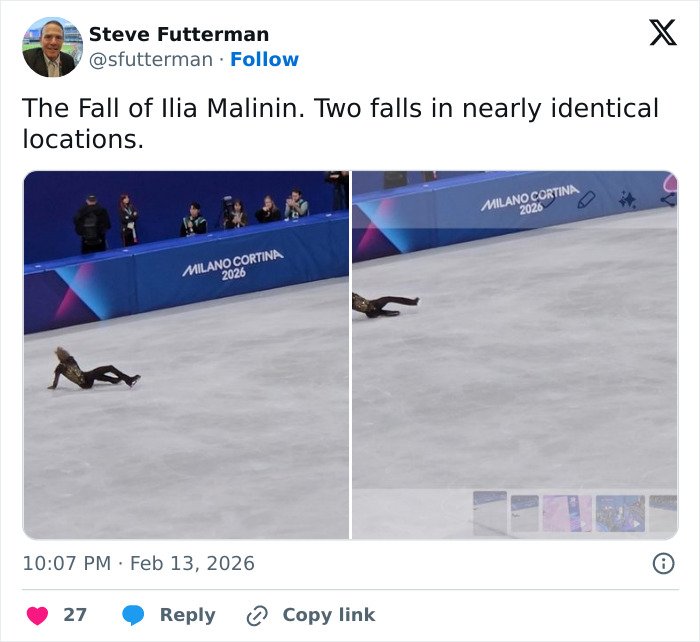 Ilia Malinin falling on the ice during a figure skating event at Milano Cortina 2026 Winter Olympics.