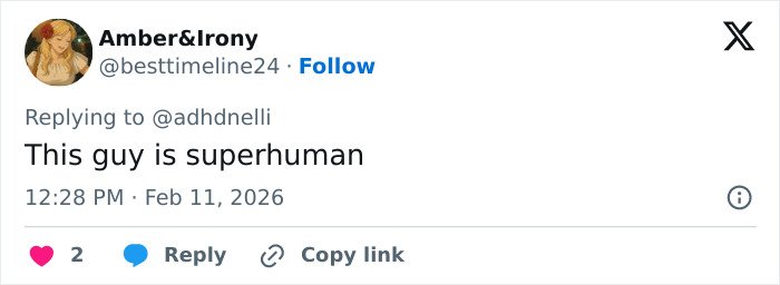 Tweet from Amber&Irony praising Ilia Malinin as superhuman after his Olympic performance, highlighting hot-mic reaction going viral.