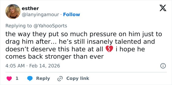 Twitter reply expressing support for Ilia Malinin&rsquo;s hot-mic reaction after tough Olympic showing going viral.
