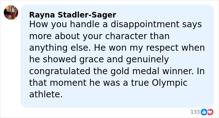 Comment praising Ilia Malinin&rsquo;s hot-mic reaction after tough Olympic showing for his grace and sportsmanship.