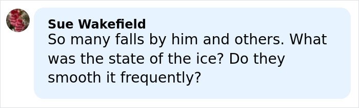 Social media comment questioning the ice condition following Ilia Malinin&rsquo;s hot-mic reaction after Olympic performance.
