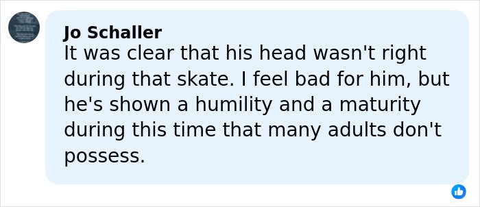 User comment by Jo Schaller expressing sympathy and admiration for Ilia Malinin&rsquo;s humility and maturity after a tough Olympic skate.