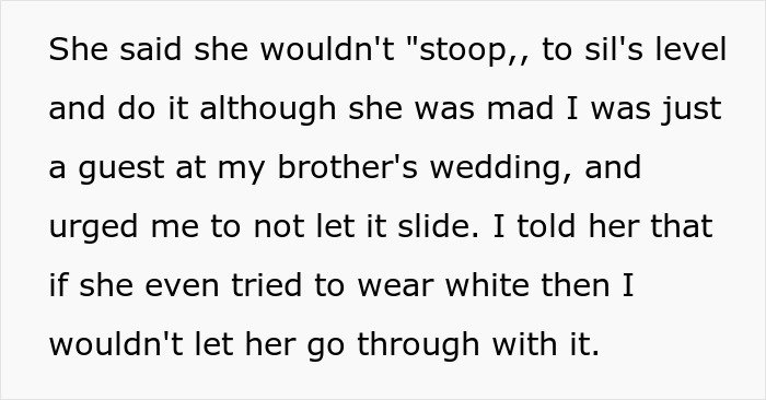 Text discussing a husband upset after wife reveals plans to wear white to brother&rsquo;s wedding, causing tension between them.