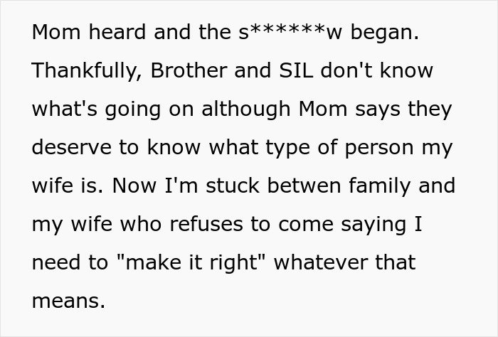 Text excerpt discussing family conflict after wife reveals her wedding outfit plans, causing husband to be stuck between family and wife.