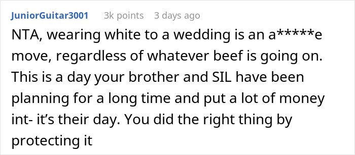 Comment about husband leaving wife after she reveals outfit plans for brother's wedding, discussing wearing white and wedding etiquette.