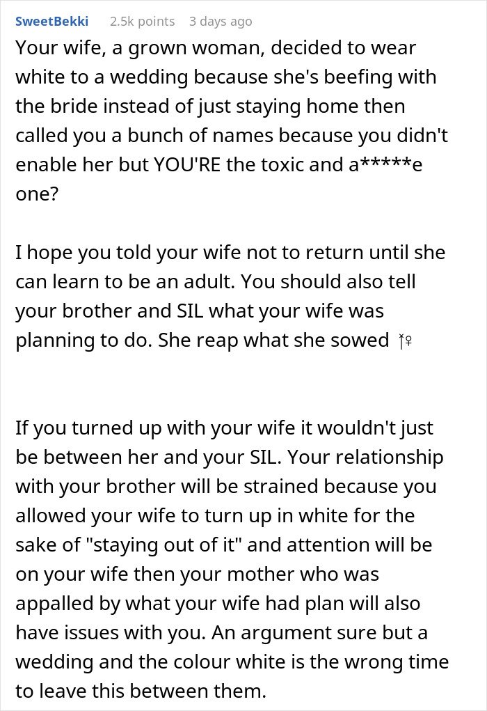 Text excerpt discussing a wife planning to wear white to brother&rsquo;s wedding causing a husband to leave her behind.