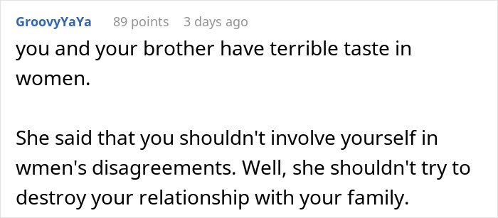 Comment text discussing husband leaving wife behind after she reveals outfit plans for brother's wedding, highlighting relationship tension.