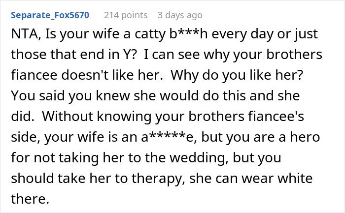 Screenshot of a Reddit comment discussing a husband leaving his wife after she reveals her outfit plans for brother&rsquo;s wedding.