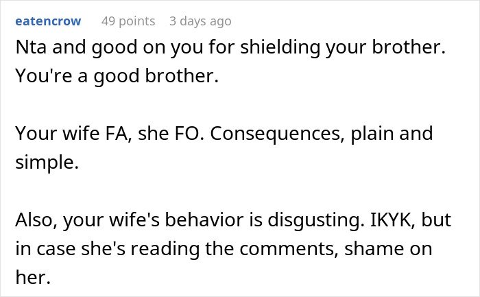 Commenter defending husband for protecting brother while criticizing wife&rsquo;s behavior after wedding outfit reveal.