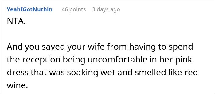 Comment text about wife&rsquo;s pink dress at brother&rsquo;s wedding, discussing discomfort and husband leaving after outfit reveal.