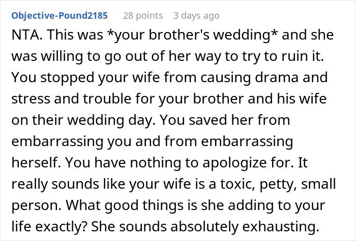 Comment discussing husband leaving wife after she reveals her outfit plans for brother's wedding, highlighting toxic behavior concerns.