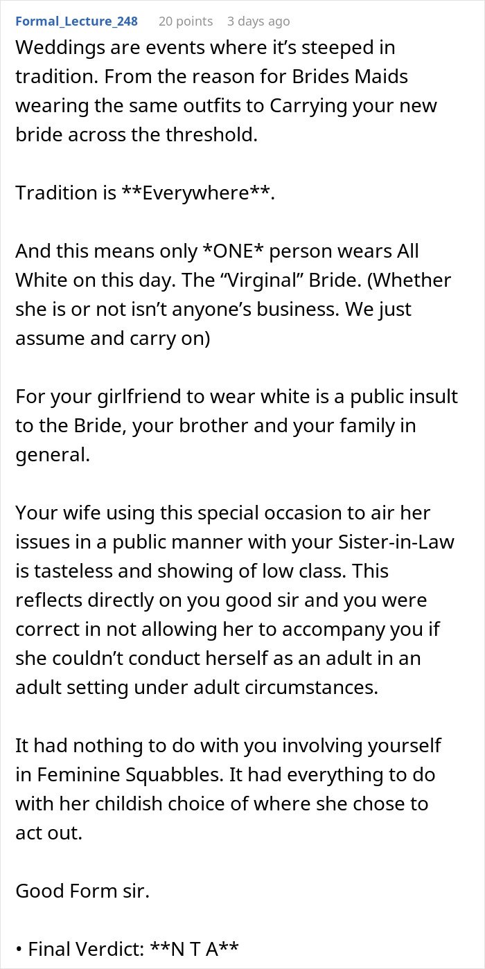 Text post discussing a husband leaving his wife after she reveals what she's planning to wear to brother's wedding.