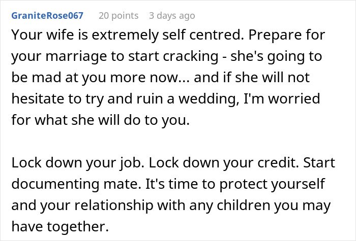 Comment warning husband about wife&rsquo;s self-centered behavior after revealing outfit plans for brother&rsquo;s wedding event.