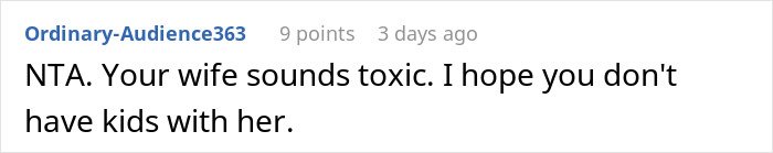 Comment on a forum thread about a husband leaving wife after she reveals outfit plans for brother's wedding, calling wife toxic.