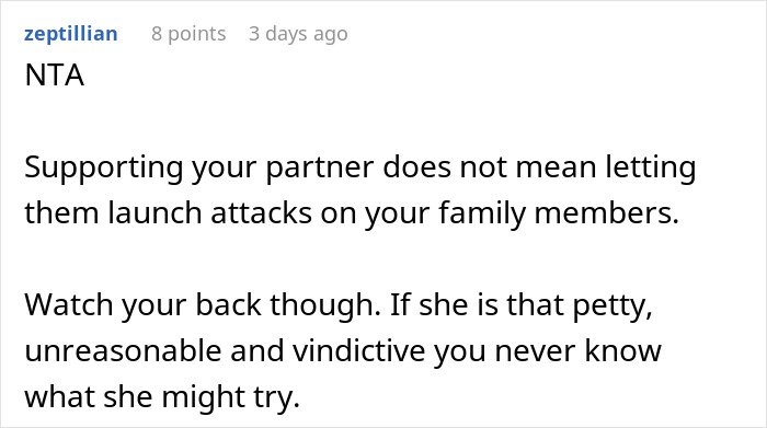 Comment about a husband leaving wife after she reveals her outfit plans for brother's wedding, warning about vindictive behavior.