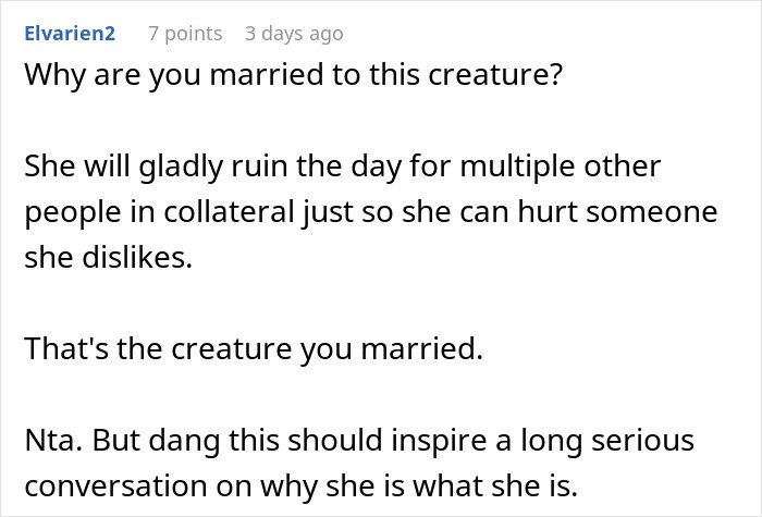 Screenshot of an online comment discussing a husband's reaction after his wife reveals her planned outfit for brother&rsquo;s wedding.