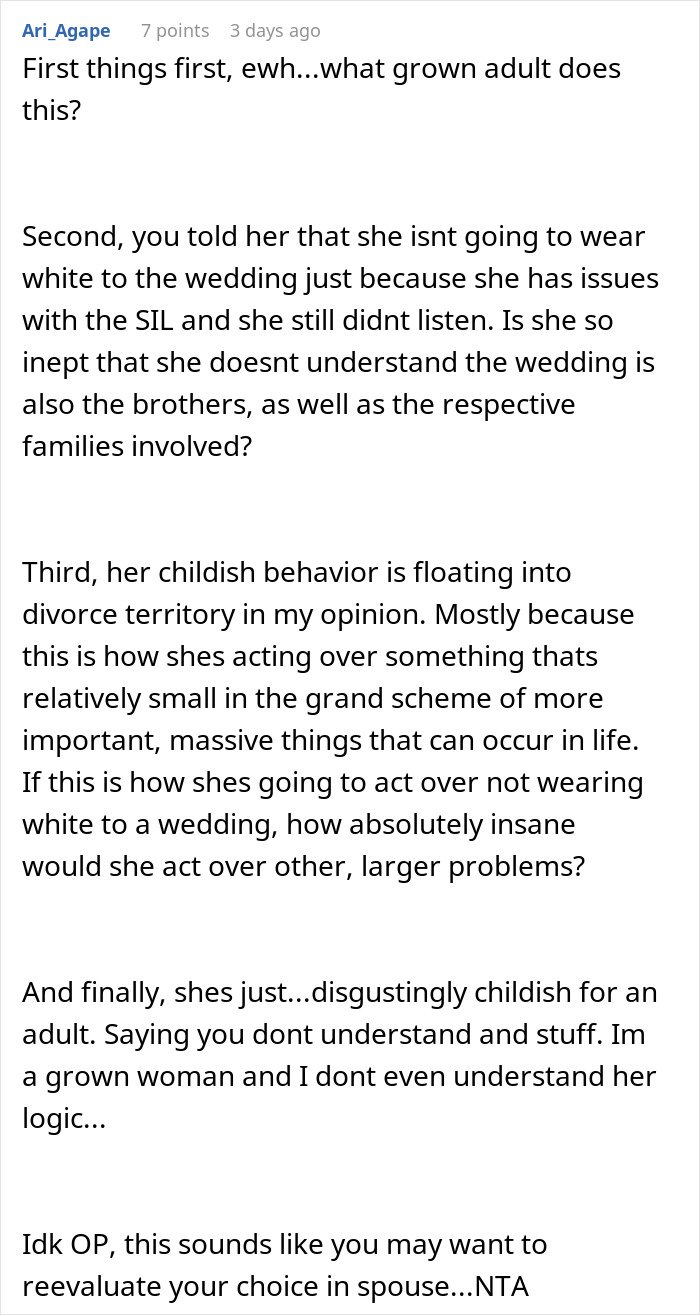 Commenter criticizes wife&rsquo;s decision on wedding attire, discussing husband leaves wife behind after outfit reveal at brother&rsquo;s wedding.