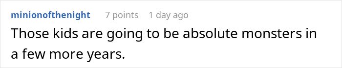 Reddit comment expressing concern about kids becoming difficult due to no consequences parenting and sibling conflict.