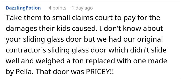 Screenshot of a forum comment discussing consequences and damages caused by kids in a sibling conflict situation.