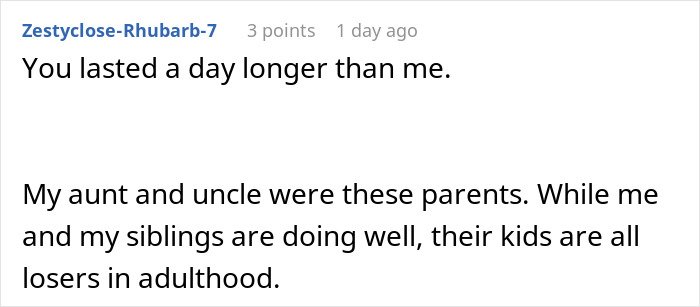 Comment text discussing sibling conflict and the impact of no consequences parenting on brother and his kids.