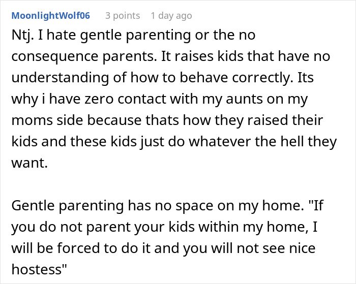 Comment discussing no consequences parenting leading to behavioral issues and sibling kicking out brother and his kids.