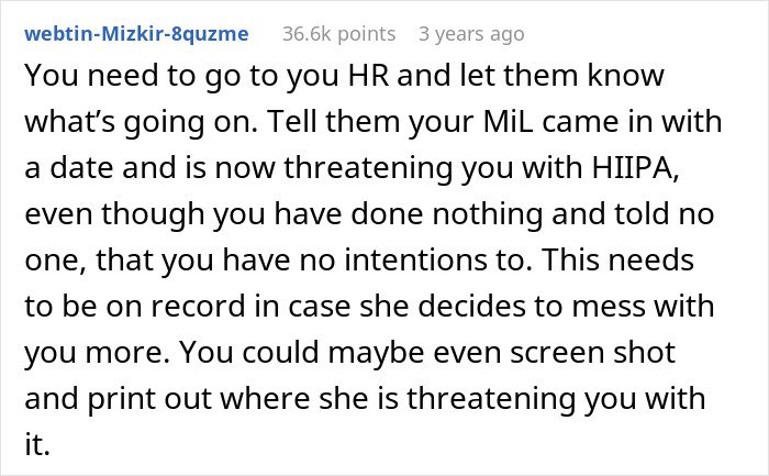 Comment discussing a nurse stressed about MIL on a secret date and HIPAA issues threatening her at work.