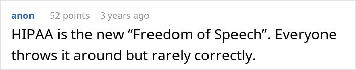 Screenshot of a comment discussing HIPAA’s impact on freedom of speech and its common misinterpretation.