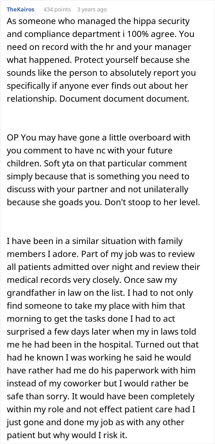 Comment discussing HIPAA compliance challenges faced by a nurse discovering a family member’s hospital admission.