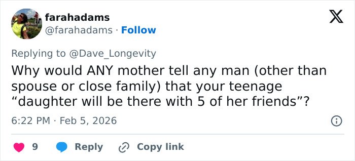 Tweet screenshot showing a user questioning a mother sharing details about her teenage daughter and friends, linked to Epstein obsession.