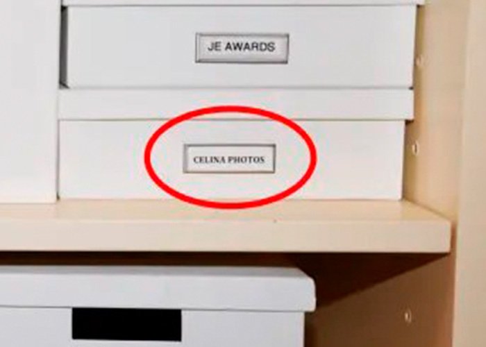 White file boxes on a shelf with a red circle highlighting a box labeled Celina Photos revealing Epstein obsession details.