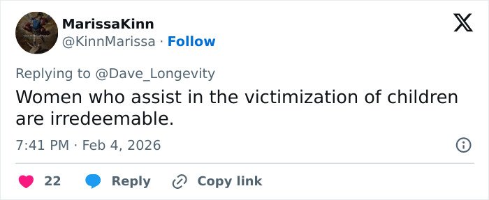 Screenshot of a tweet condemning the victimization of children, relating to Epstein’s obsession with ex-girlfriend’s daughter.
