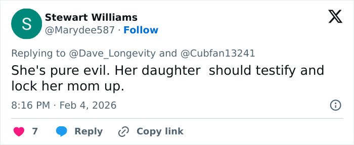 Twitter reply from Stewart Williams reacting to disturbing details about Epstein's obsession with ex-girlfriend's daughter.
