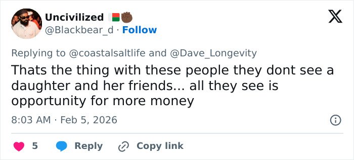 Tweet discussing money motives, highlighting disturbing details about Epstein’s obsession with ex-girlfriend’s daughter.