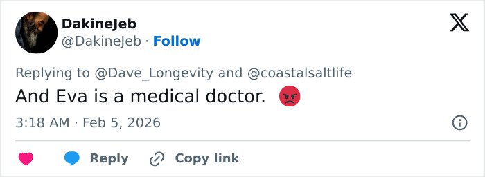 Tweet from user DakineJeb stating Eva is a medical doctor with angry emoji, highlighting Epstein obsession details.