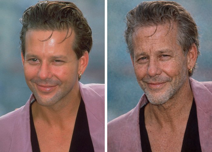 Side-by-side images of Mickey Rourke showing younger and older looks highlighting natural aging without cosmetic procedures.
