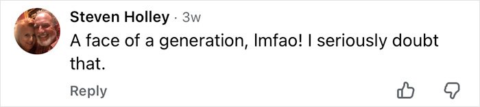 Comment by Steven Holley expressing doubt about a generational face, discussing Mickey Rourke without cosmetic procedures.