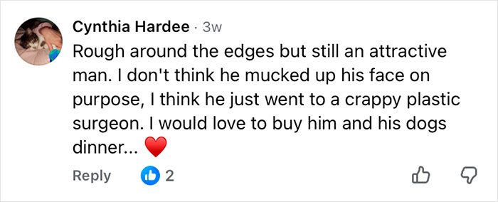 Comment by Cynthia Hardee discussing Mickey Rourke's appearance and plastic surgery outcomes with a heart emoji.