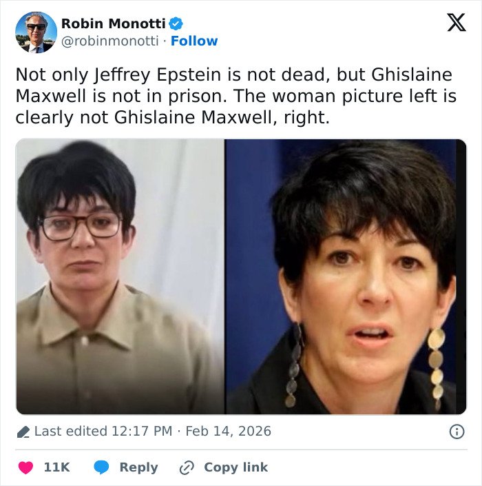 Split image showing side-by-side comparison of Ghislaine Maxwell and a look-alike fueling viral prison appearance theory.