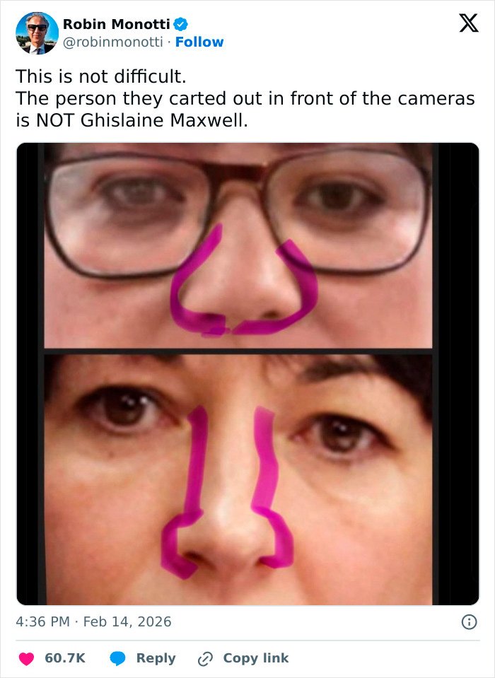 Close-up image comparing two faces with marked nose shapes, highlighting internet users questioning Ghislaine Maxwell prison appearance.
