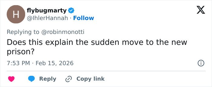 Tweet from user flybugmarty questioning Ghislaine Maxwell&rsquo;s prison appearance amid viral internet user theories.