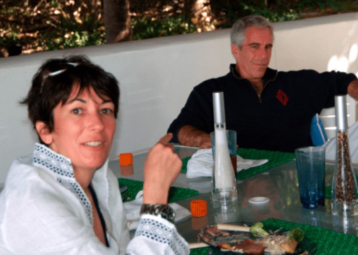 Two people sitting at a glass table outdoors, related to internet users questioning Ghislaine Maxwell&rsquo;s prison appearance theory.