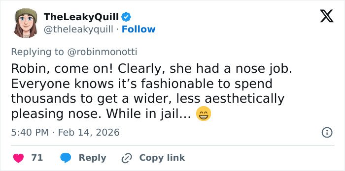 Tweet showing internet user questioning Ghislaine Maxwell&rsquo;s prison appearance and viral theory about nose job while in jail.