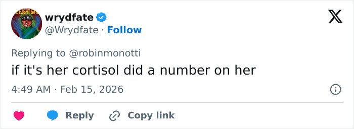Tweet by user wrydfate replying about cortisol levels, related to viral theory on Ghislaine Maxwell&rsquo;s prison appearance questioned by internet users.