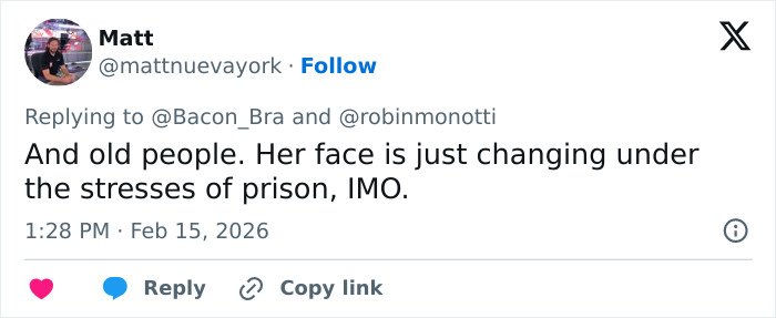 Social media post discussing internet users questioning Ghislaine Maxwell&rsquo;s prison appearance in viral theory.