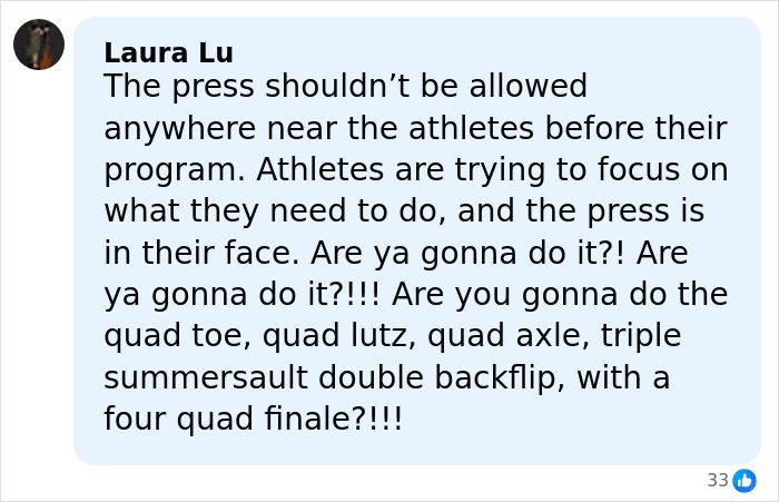 Comment expressing concern over press distractions for Olympic star Ilia Malinin after major defeat in his profile posts.