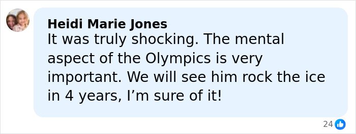 Social media comment expressing concern over the mental aspect of Olympic star Ilia Malinin after major defeat.