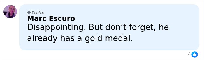 Comment on social media expressing disappointment after Olympic star Ilia Malinin&rsquo;s major defeat with mention of his gold medal.
