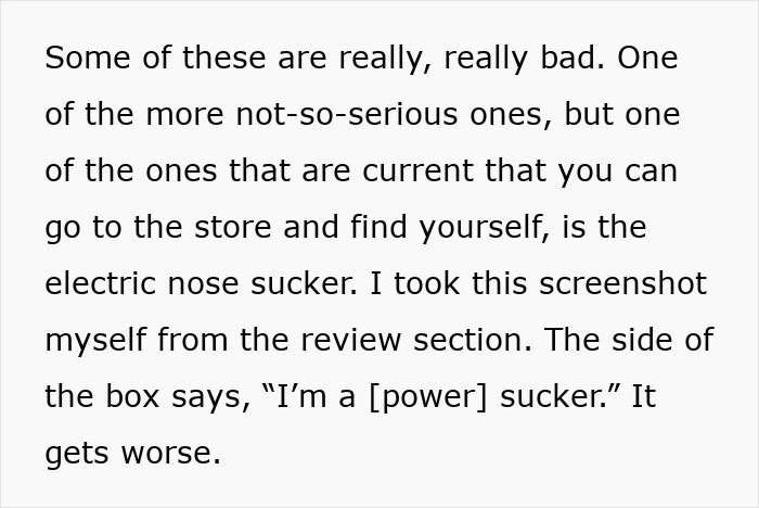 Text excerpt discussing a currently available electric nose sucker and its marketing criticized in Frida Mom chaos online.